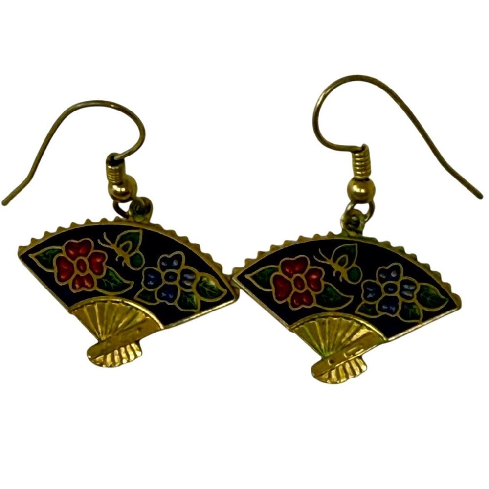 Vintage 70s Enamel Fan Earrings Gold Tone Floral Navy Red Green